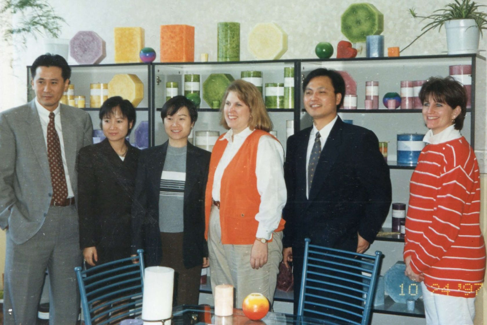 First team of Target buyers visit the China Factory (1997); from left to right: David Wang, Mei, Li, Jennifer Schock, Tom (Li's husband), and a senior Target buyer.